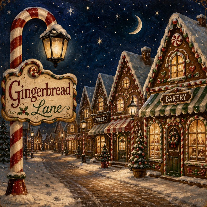 Gingerbread Lane 10 inch metal Christmas sign with snowy gingerbread village, bakery and sweet shops, candy cane signpost, glowing lights and starry night sky, TTE-701.