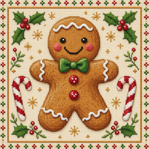 Gingerbread man 10 inch metal Christmas sign with needlepoint-style design, green bow tie, red buttons, white icing trim, candy canes, holly, gold snowflakes and decorative red and green border,