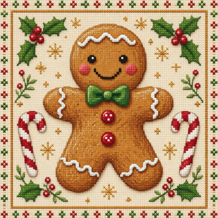 Gingerbread man 10 inch metal Christmas sign with needlepoint-style design, green bow tie, red buttons, white icing trim, candy canes, holly, gold snowflakes and decorative red and green border,