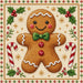 Gingerbread man 10 inch metal Christmas sign with needlepoint-style design, green bow tie, red buttons, white icing trim, candy canes, holly, gold snowflakes and decorative red and green border,