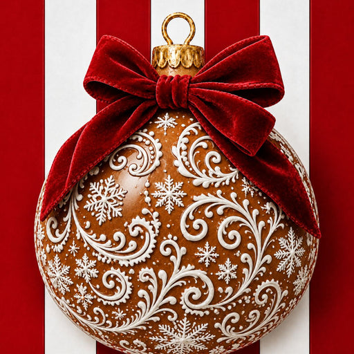 Flat gingerbread Christmas metal sign featuring a ball ornament design with white icing, snowflakes and red bow TTE-767