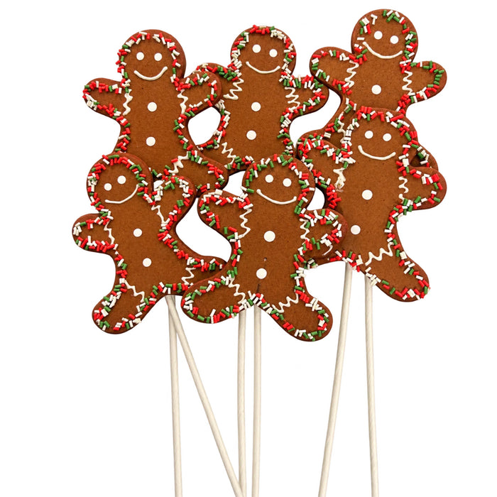 Product 84807Rwg features a gingerbread man cookie on a stick, decorated with white icing and festive red, white, and green sprinkles. It is wrapped in clear plastic and tied with a red ribbon. The item measures 12" by 3.5.