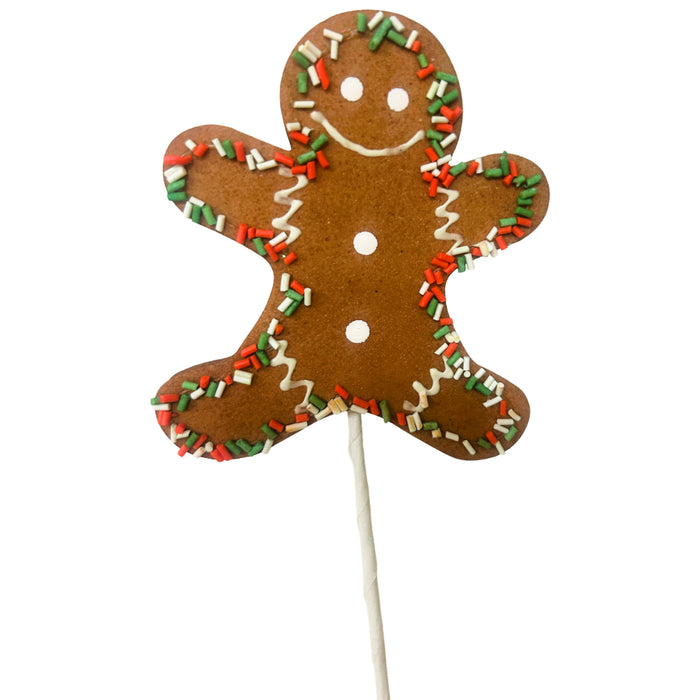 Product 84807Rwg features a gingerbread man cookie on a stick, decorated with white icing and festive red, white, and green sprinkles. It is wrapped in clear plastic and tied with a red ribbon. The item measures 12" by 3.5.