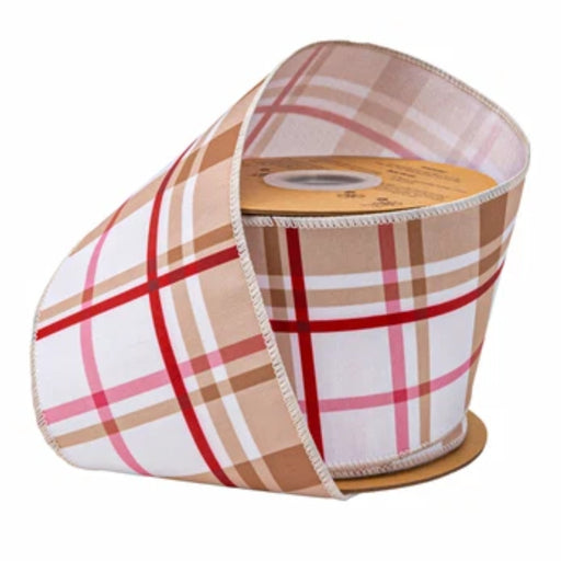 Roll of 4 inch gingerbread plaid wired Dupioni ribbon featuring brown, white, red, and pink intersecting stripes with coordinating wired edges, SKU 9728W-753-100E.
