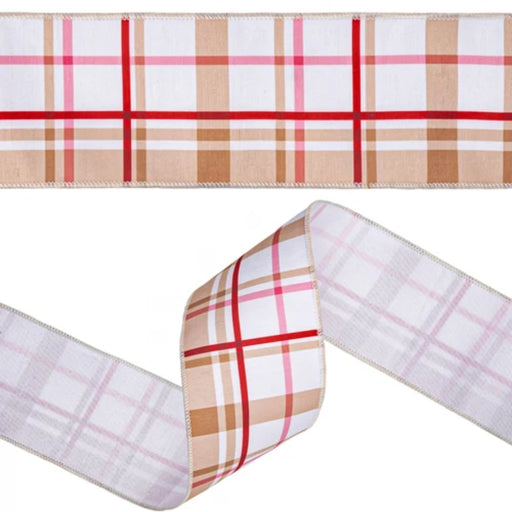 Close-up of gingerbread plaid Christmas ribbon showing the brown, white, red, and pink plaid pattern, light-colored backing, and wired edges, SKU 9728W-753-100E.