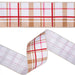 Close-up of gingerbread plaid Christmas ribbon showing the brown, white, red, and pink plaid pattern, light-colored backing, and wired edges, SKU 9728W-753-100E.