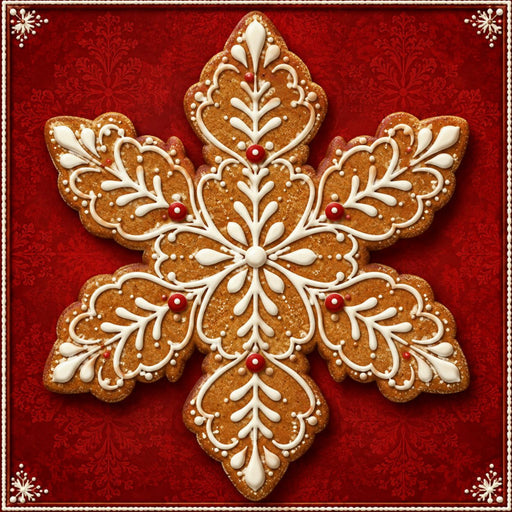 Gingerbread snowflake iced cookie Christmas metal sign with white icing and red accents on a rich red background TTE-770