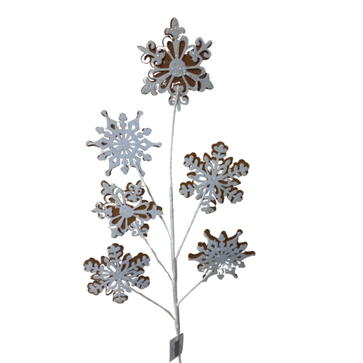The 28 Gingerbread Snowflake Spray 65286 showcases five white and gold glitter snowflakes on thin white stems, arranged vertically—ideal for adding festive flair to your Christmas décor.