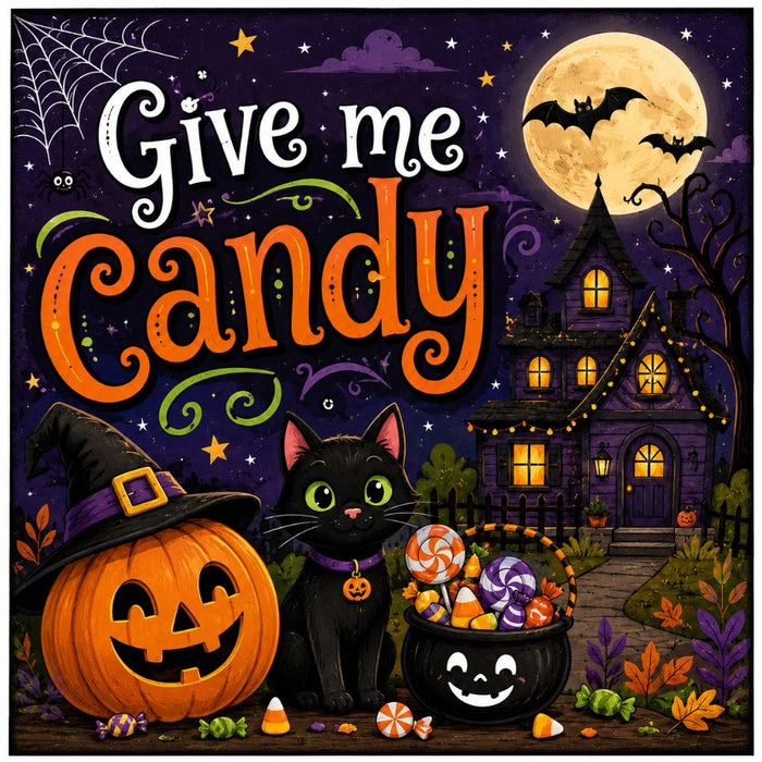 TTE-588 Halloween metal sign with Give Me Candy greeting, black cat, jack-o'-lantern, candy cauldron, haunted house, full moon and bats.