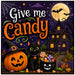 TTE-588 Halloween metal sign with Give Me Candy greeting, black cat, jack-o'-lantern, candy cauldron, haunted house, full moon and bats.