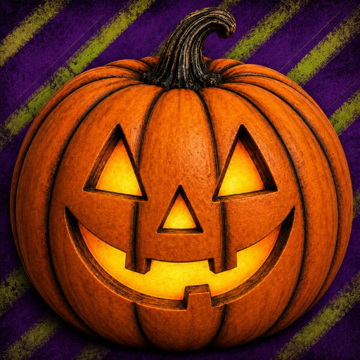 Glowing orange jack o’ lantern Halloween metal sign with distressed purple and lime green striped background, TTE-592.