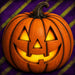 Glowing orange jack o’ lantern Halloween metal sign with distressed purple and lime green striped background, TTE-592.