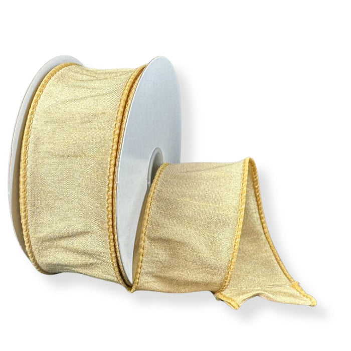 A partially unrolled spool of 1.5" Gold Faux Dupioni Wired Ribbon (72434-09-15), featuring a shiny gold dupioni-style finish and a sturdy wired edge, displayed against a white background—ideal for wreaths or decorative accents.