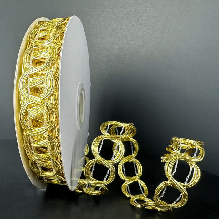 Gold metallic chain loop open weave ribbon with monofilament, 7/8 inch by 10 yards.