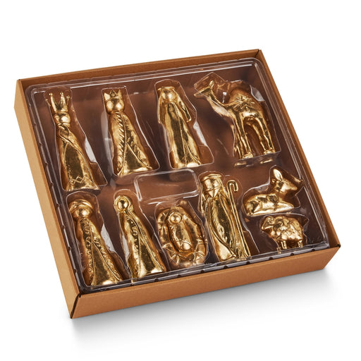 Celebrate the true meaning of Christmas with the Gold Nativity Figurine Set of 10 | RAZ 4611604. Elegantly crafted in brilliant gold tones and arranged in a classic brown package, this beautifully boxed set features Mary, Joseph, baby Jesus, three wise men, an angel, a shepherd, a camel, a sheep, and a cow. Perfect for creating an eye-catching Nativity display that brings home the magic of the season.