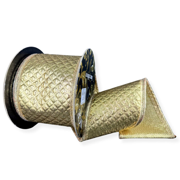 Gold metallic scale ribbon with gold back and puffy wired edge, 4 inches by 5 yards.
