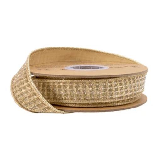 Roll of narrow gold sparkle wired ribbon with textured glittering finish and metallic gold backing, 1 inch wide, SKU 9862W-812-25E.