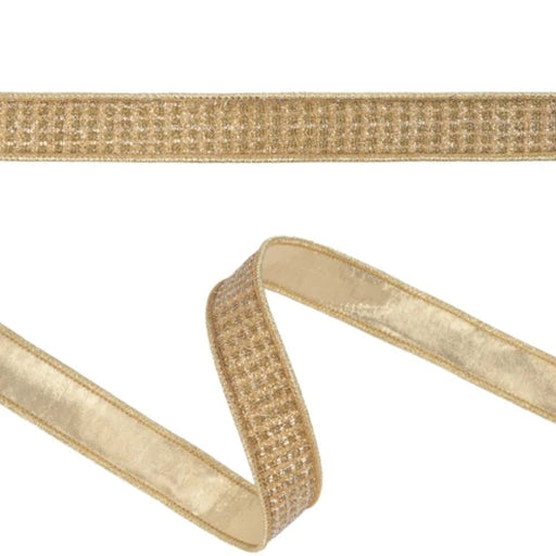 Close-up of gold sparkle ribbon showing the textured shimmering front, smooth metallic gold reverse, and wired edges, SKU 9862W-812-25E.
