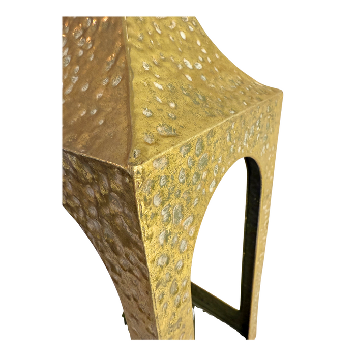 Close-up of 20 by 6 and 16 by 5 Golden Hammered Metal Artisan Lanterns M32600AB, featuring a textured finish and arched openings, shown against a white background.