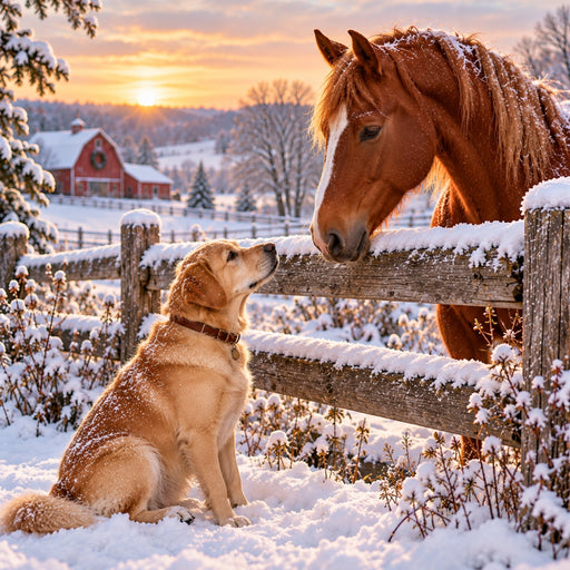 Golden retriever and chestnut horse facing each other across a snowy fence with red barn and winter sunset on metal sign TTE-825