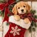 Golden retriever puppy wearing a red and green plaid bow peeking out of a red velvet Christmas stocking with a white snowflake, surrounded by evergreens, red berries, pinecones, and red velvet ribbon. Flat metal sign TTE-870.