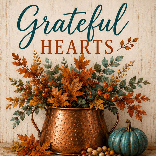 Grateful Hearts fall metal sign featuring a hammered copper vessel filled with autumn foliage and berries, accented with a blue heirloom pumpkin. Exclusive Trendy Tree Design. SKU TTE-530.