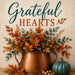 Grateful Hearts fall metal sign featuring a hammered copper vessel filled with autumn foliage and berries, accented with a blue heirloom pumpkin. Exclusive Trendy Tree Design. SKU TTE-530.