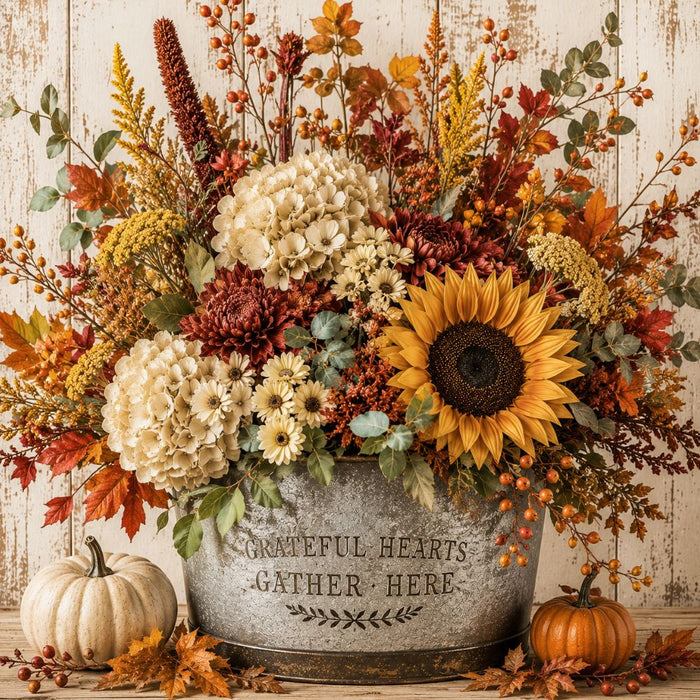 Grateful Hearts Gather Here 10 inch metal fall sign with cream hydrangeas, sunflower, mums, eucalyptus, berries and pumpkins, TTE-634.