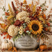 Grateful Hearts Gather Here 10 inch metal fall sign with cream hydrangeas, sunflower, mums, eucalyptus, berries and pumpkins, TTE-634.