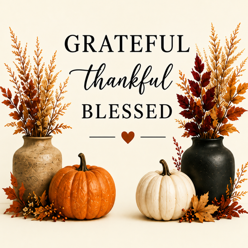 Grateful Thankful Blessed fall sign featuring elegant typography with autumn florals, pumpkins, and decorative vases in warm harvest colors on an ivory background.