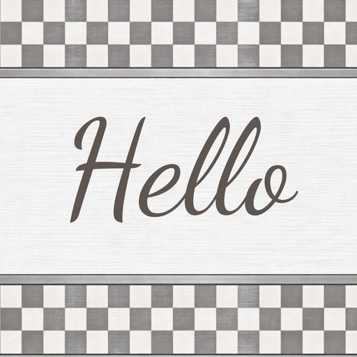 Gray and white check Hello metal sign with neutral wood-look background for everyday wreaths and home decor.