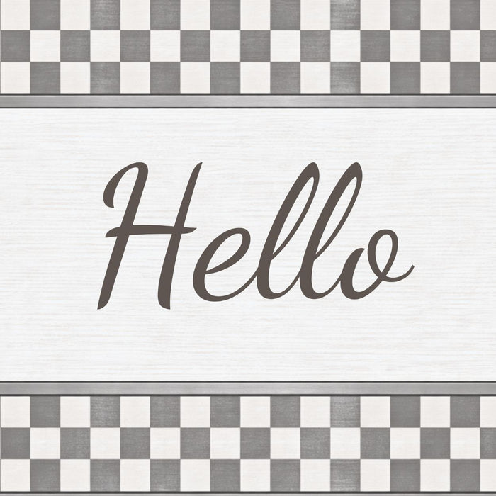 Gray and white check Hello metal sign with neutral wood-look background for everyday wreaths and home decor.
