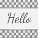 Gray and white check Hello metal sign with neutral wood-look background for everyday wreaths and home decor.