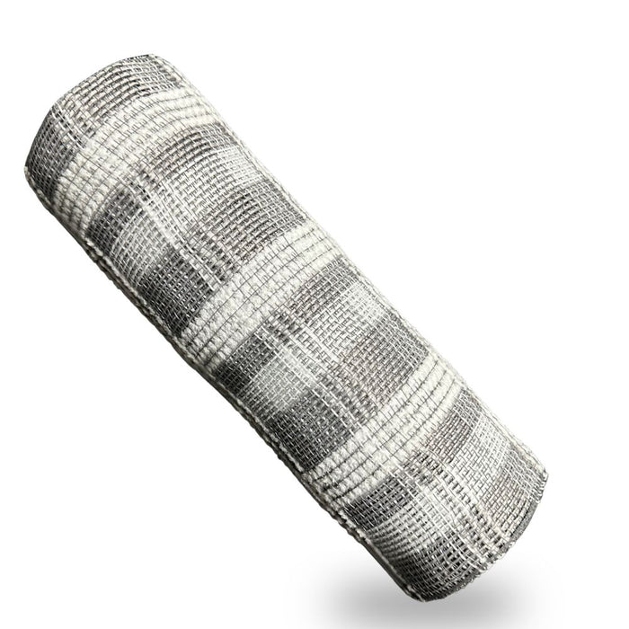 The 10" Gray & White Fuzzy Plaid Mesh (XB235810-51) features a cylindrical roll of gauzy mesh with a gray and white plaid pattern on a white background—perfect for wreath decorating.
