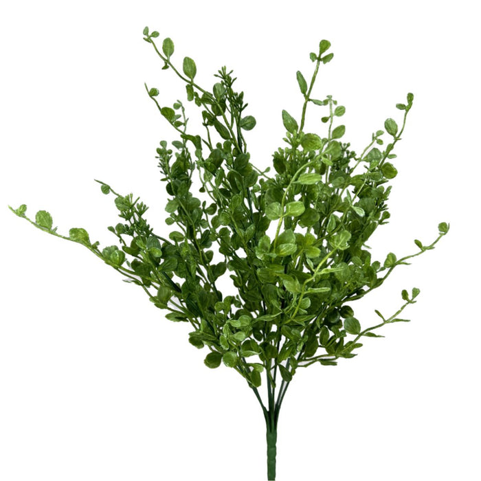 Green plastic boxwood bush with 7 stems and small round leaves, 19 inches tall