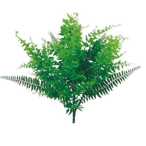 The 20 Inch Green Plastic Mixed Grass & Fern Bush – 13353GN features assorted artificial green leaves, ideal as greenery filler or for wreath making, arranged in a fan-like display against a white background.