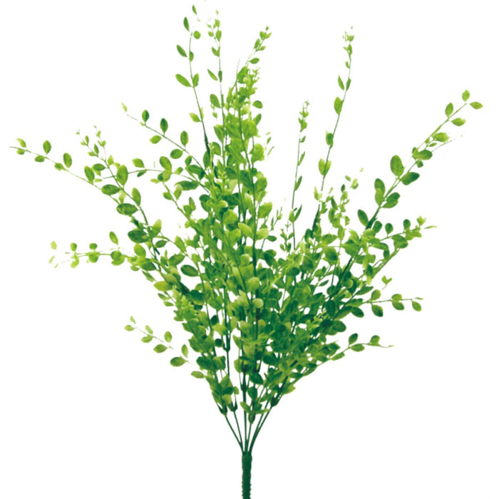 The 22 Inch Green Plastic Variegated Boxwood Bush (13137VAGN) features small oval leaves, ideal for wreath making, and is displayed fan-shaped against a white background.