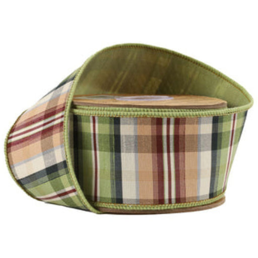The Green & Tan Plaid Wired Ribbon with Dupioni Backing (2.5 Inches x 10 Yards | 5600W-570-63E) is a roll of thick ribbon showcasing a classic plaid pattern in green, red, beige, and cream tones. Partially unrolled and featuring wired edges for easy shaping, this ribbon is crafted with a luxe Dupioni backing to provide added texture and durability.