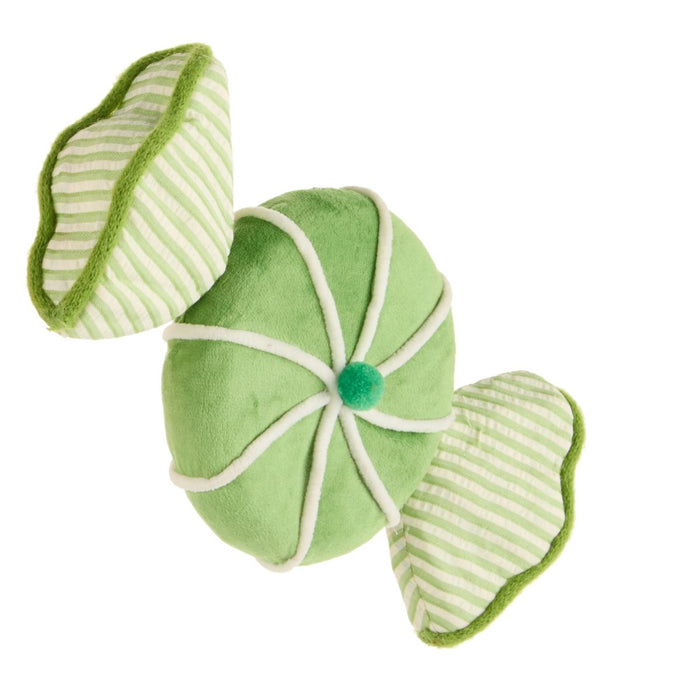 plush ornaments designed to look like wrapped candies—one red with a white swirl and one green with white stripes—rest on a white background. The 9.25″ Velvet & Seersucker Candy Ornament from RAZ Imports (item 4603590) brings vibrant color and soft texture to your holiday décor, making it perfect for adding a festive, candy-inspired accent to your Christmas tree or seasonal displays.