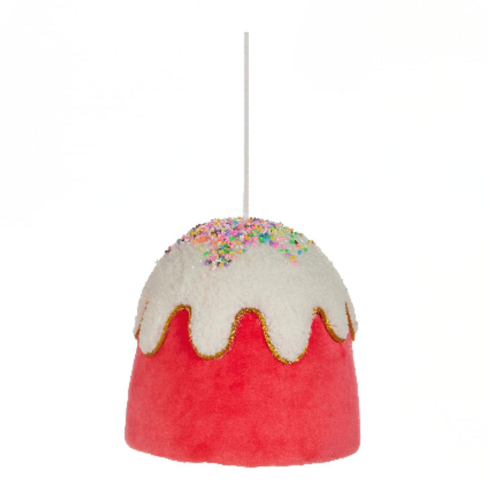 Four 6" Gumdrop Button Ornaments (4503495) shaped like frosted cakes in blue, pink, red, and green with white icing and sprinkles hang by white strings—part of the Holly Jolly Holiday Collection.