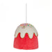 Four 6" Gumdrop Button Ornaments (4503495) shaped like frosted cakes in blue, pink, red, and green with white icing and sprinkles hang by white strings—part of the Holly Jolly Holiday Collection.