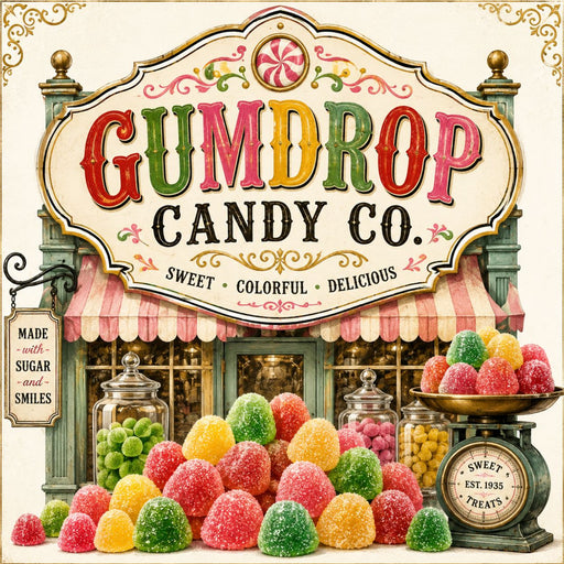 Colorful Gumdrop Candy Co. Christmas metal sign with sugared gumdrops, candy jars and a vintage candy shop.