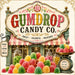 Colorful Gumdrop Candy Co. Christmas metal sign with sugared gumdrops, candy jars and a vintage candy shop.