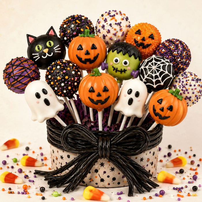 Halloween cake pop metal wreath sign with pumpkin, ghost, black cat and Frankenstein treats, colorful sprinkles and candy corn, TTE-604.