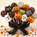 Halloween cake pop metal wreath sign with pumpkin, ghost, black cat and Frankenstein treats, colorful sprinkles and candy corn, TTE-604.