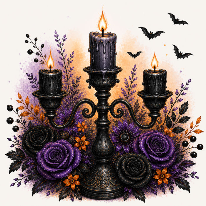 The Halloween Candelabra Metal Sign – TTE-468 features a black candelabra with three lit candles, surrounded by purple roses, orange flowers, foliage, and flying bats for a gothic Halloween décor with a subtle orange glow.