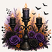 The Halloween Candelabra Metal Sign – TTE-468 features a black candelabra with three lit candles, surrounded by purple roses, orange flowers, foliage, and flying bats for a gothic Halloween décor with a subtle orange glow.