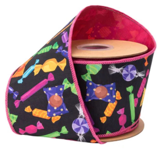 4 inch designer Halloween candy wired dupioni ribbon on black with pink backing, 10-yard roll, SKU 9792W-030-100E.