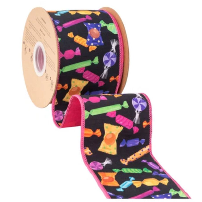 4 inch designer Halloween candy wired dupioni ribbon on black with pink backing, 10-yard roll, SKU 9792W-030-100E.