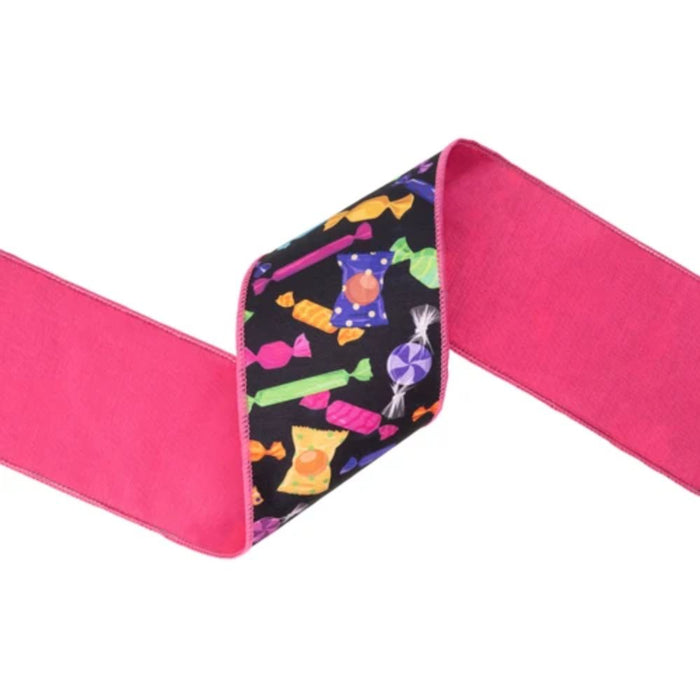 4 inch designer Halloween candy wired dupioni ribbon on black with pink backing, 10-yard roll, SKU 9792W-030-100E.